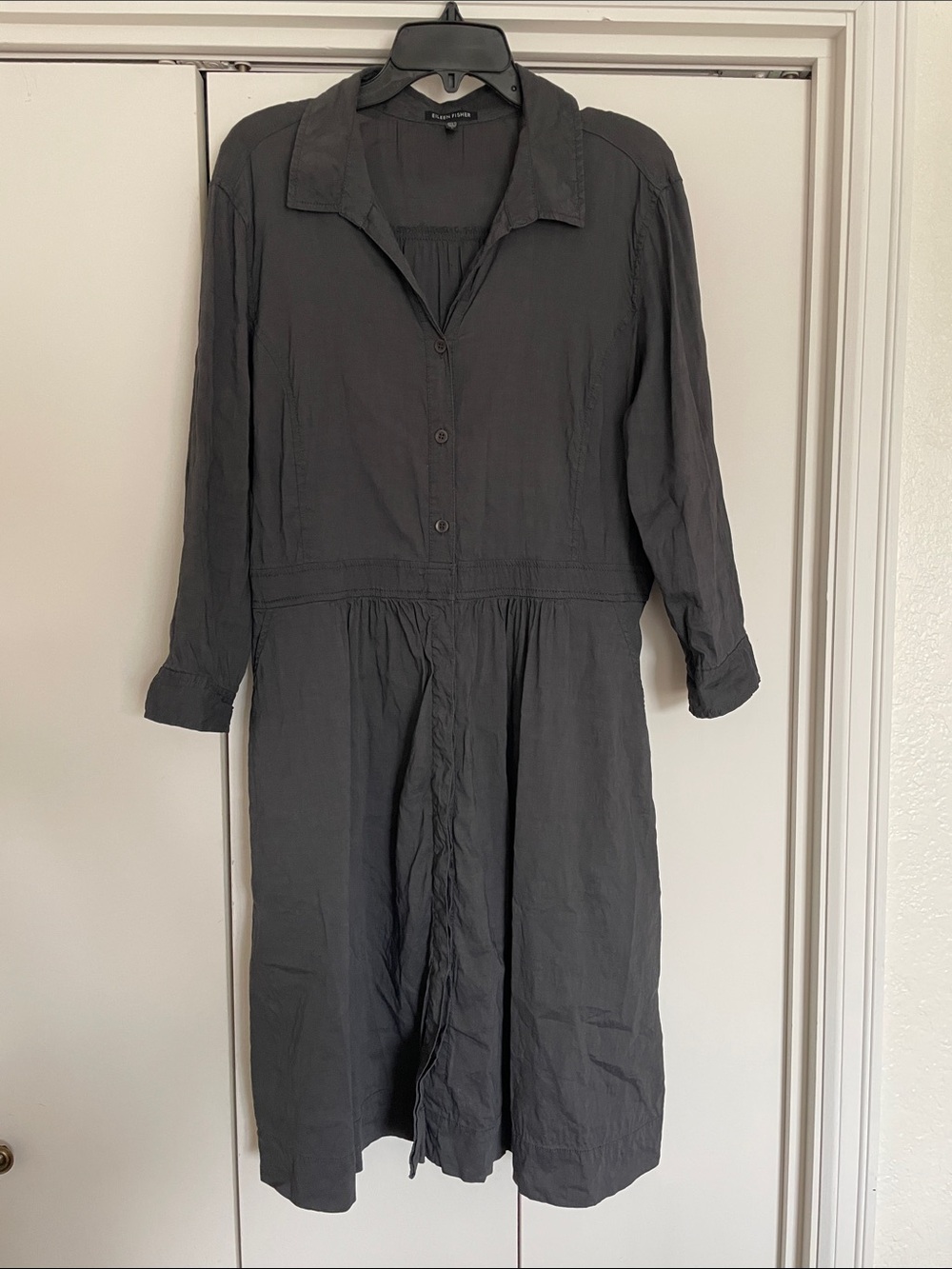 Eileen Fisher Grey Linen Blend Long Sleeve Button Up Shirt Dress Size L